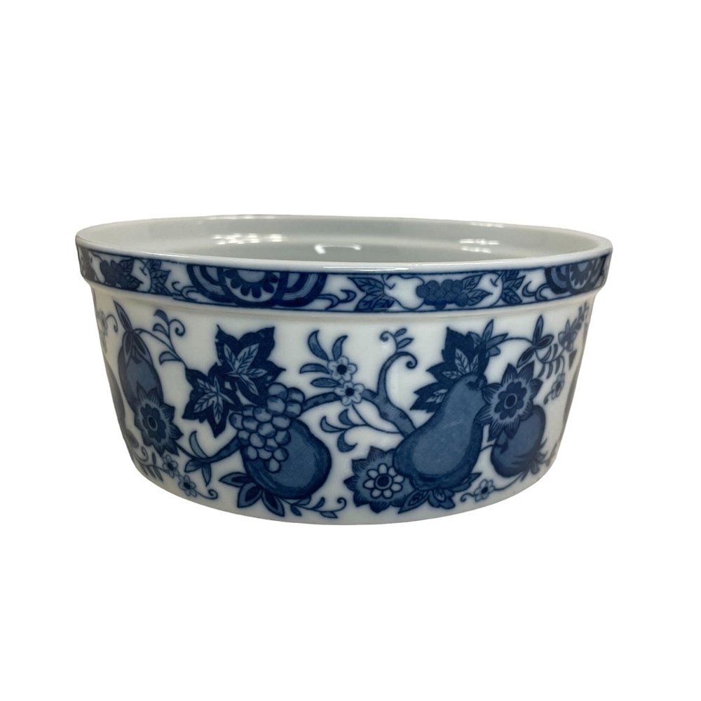 Vintage Blue and White Peach Fruit Motif Ceramic Casserole Souffle Baking Dish